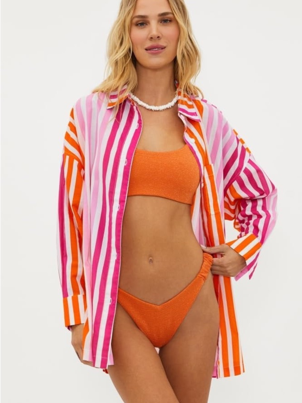 Beach Riot Orange Ribbed Bikini with Pink & Orange Striped Cover-Up